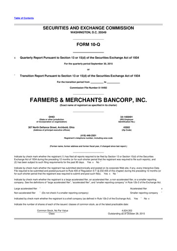 Thumbnail Farmers & Merchants Bancorp 10-Q Quarterly Report FY2015 