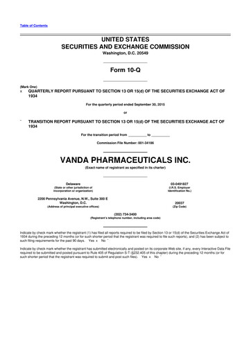 Miniature Vanda Pharmaceuticals 10-Q Rapport trimestriel 2015 