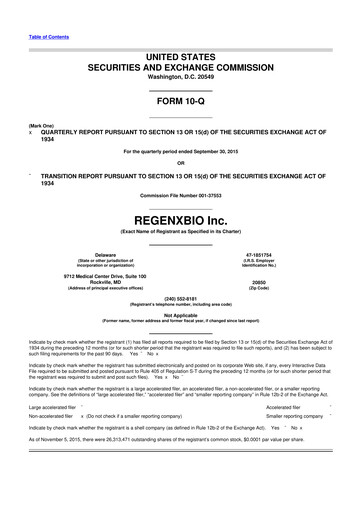 Vorschaubild REGENXBIO 10-Q Quartalsbericht 2015 