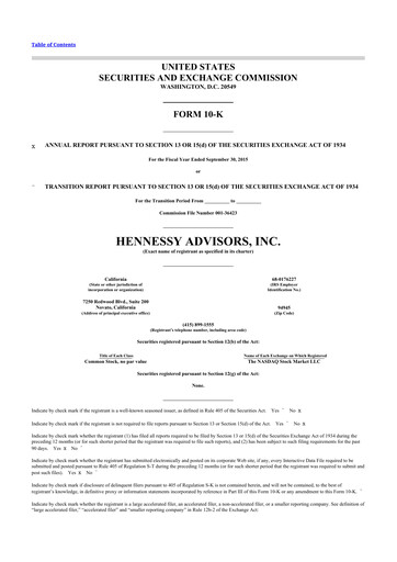 Miniature Hennessy Advisors 10-K Rapport annuel 2015