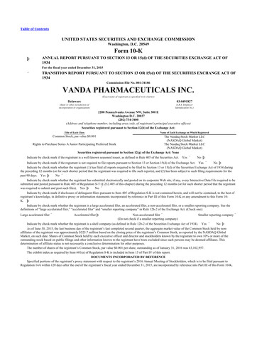 Thumbnail Vanda Pharmaceuticals 10-K Annual Report 2015