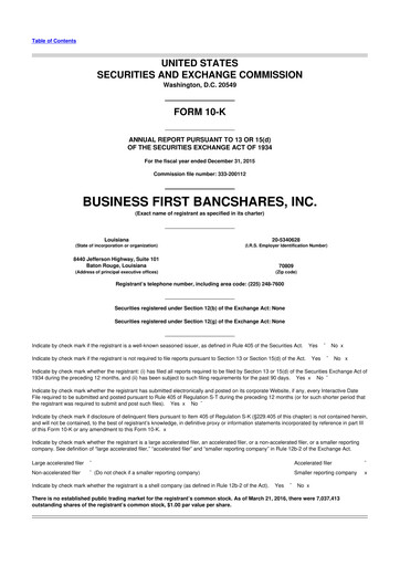 Thumbnail Business First Bancshares 10-K Annual Report 2015