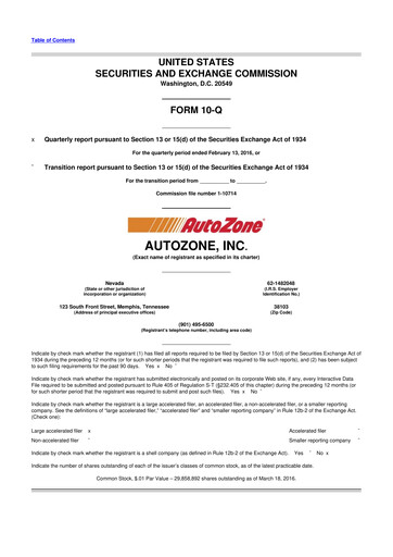 Miniature AutoZone 10-Q Rapport trimestriel 2016 