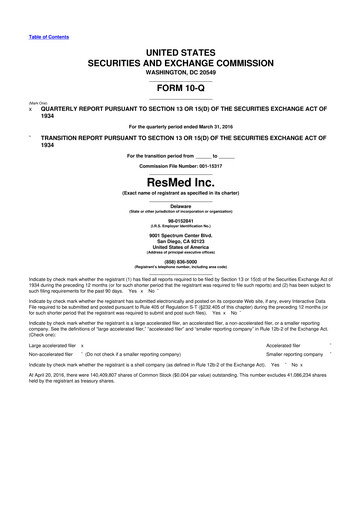 Miniature ResMed 10-Q Rapport trimestriel 2016 