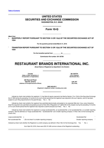 Miniature Restaurant Brands International 10-Q Rapport trimestriel 2016 