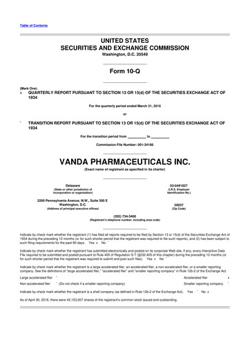Miniature Vanda Pharmaceuticals 10-Q Rapport trimestriel 2016 