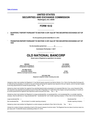 Thumbnail Old National Bank
 10-Q Quarterly Report FY2016 