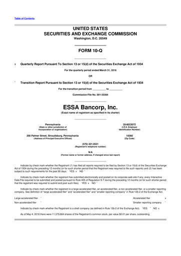 Thumbnail ESSA Bancorp 10-Q Quarterly Report FY2016 