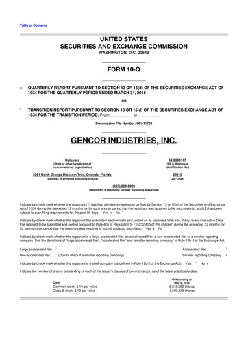 Miniature Gencor Industries
 10-Q Rapport trimestriel 2016 