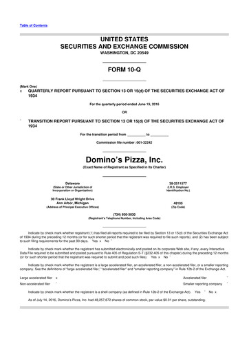 Thumbnail Domino's Pizza 10-Q Quarterly Report FY2016 