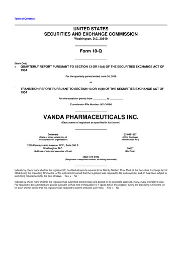 Miniature Vanda Pharmaceuticals 10-Q Rapport trimestriel 2016 