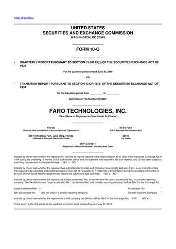 Miniature Faro Technologies
 10-Q Rapport trimestriel 2016 