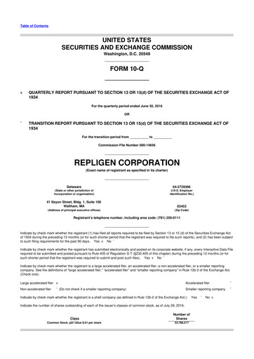 Miniature Repligen
 10-Q Rapport trimestriel 2016 