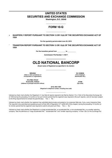 Thumbnail Old National Bank
 10-Q Quarterly Report FY2016 