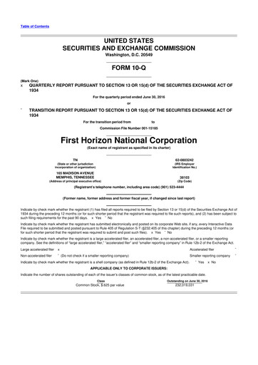 Miniature First Horizon Corporation 10-Q Rapport trimestriel 2016 
