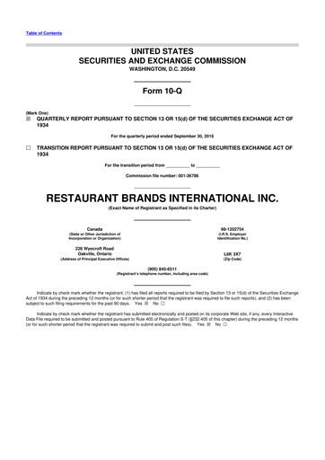 Miniature Restaurant Brands International 10-Q Rapport trimestriel 2016 