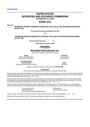 Thumbnail Mondelez International 10-Q Quarterly Report FY2016 