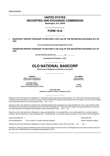 Thumbnail Old National Bank
 10-Q Quarterly Report FY2016 
