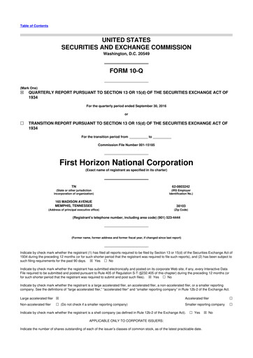 Miniature First Horizon Corporation 10-Q Rapport trimestriel 2016 