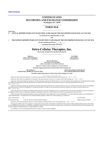 Thumbnail Intra-Cellular Therapies 10-K Annual Report 2016