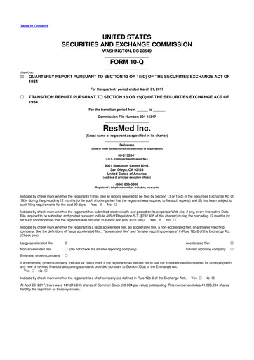 Miniature ResMed 10-Q Rapport trimestriel 2017 
