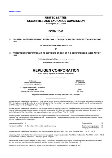 Miniature Repligen
 10-Q Rapport trimestriel 2017 