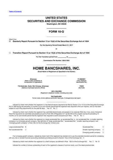 Thumbnail Home BancShares
 10-Q Quarterly Report FY2017 