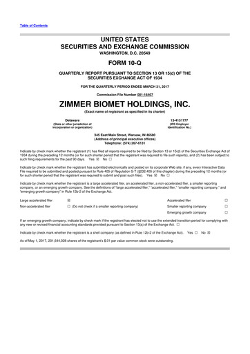 Thumbnail Zimmer Biomet 10-Q Quarterly Report FY 