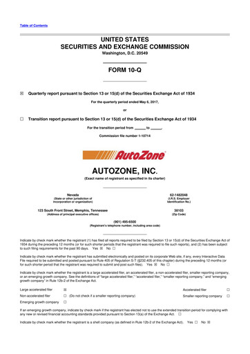 Miniature AutoZone 10-Q Rapport trimestriel 2017 