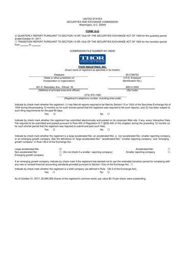 Thumbnail Thor Industries
 10-Q Quarterly Report FY2018 