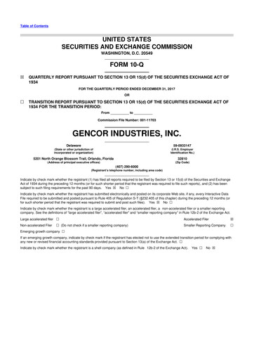 Miniature Gencor Industries
 10-Q Rapport trimestriel 2018 