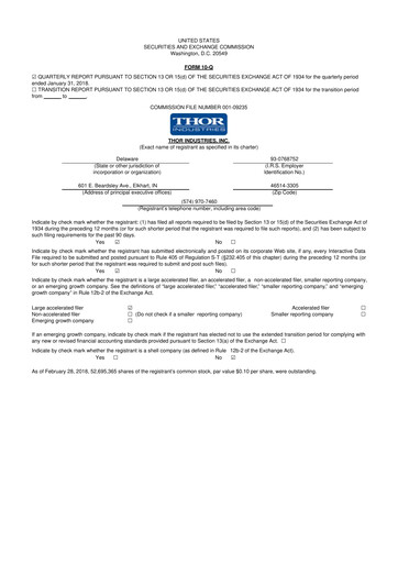 Thumbnail Thor Industries
 10-Q Quarterly Report FY2018 