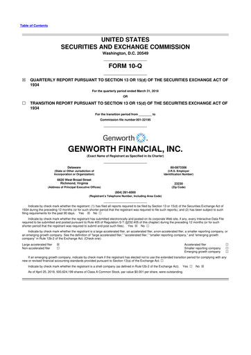 Miniature Genworth Financial
 10-Q Rapport trimestriel 2018 