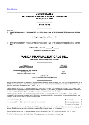 Miniature Vanda Pharmaceuticals 10-Q Rapport trimestriel 2018 