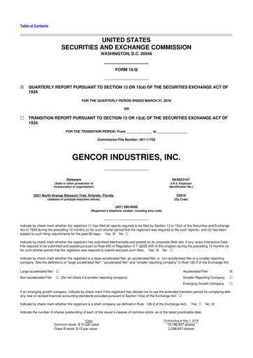 Miniature Gencor Industries
 10-Q Rapport trimestriel 2018 