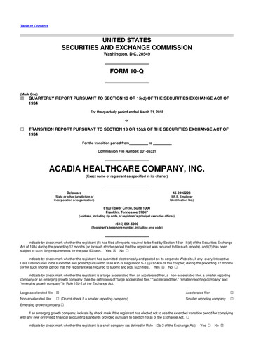 Thumbnail Acadia Healthcare
 10-Q Quarterly Report FY2018 