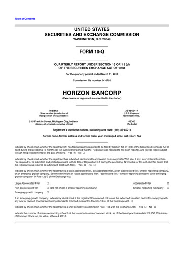 Thumbnail Horizon Bancorp 10-Q Quarterly Report FY2018 