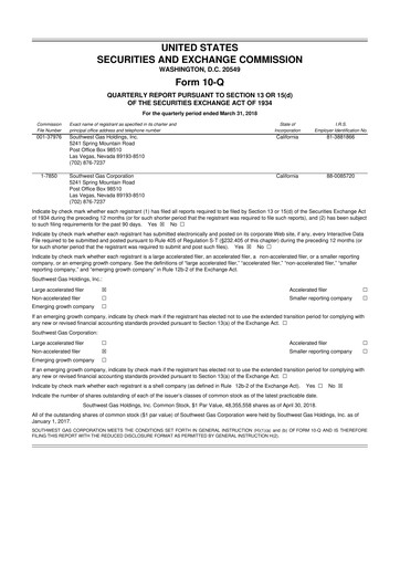 Thumbnail Southwest Gas
 10-Q Quarterly Report FY2018 