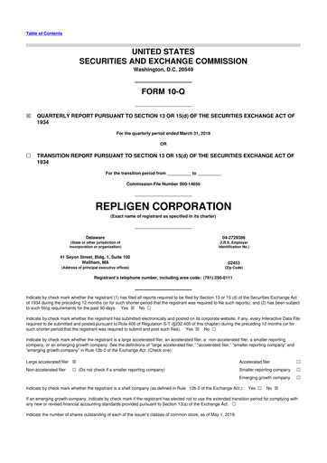 Miniature Repligen
 10-Q Rapport trimestriel 2018 