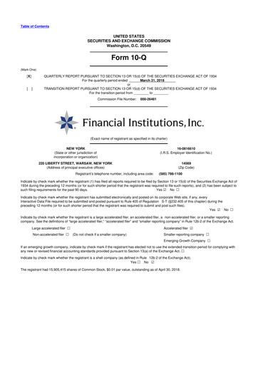 Thumbnail Financial Institutions 10-Q Quarterly Report FY2018 