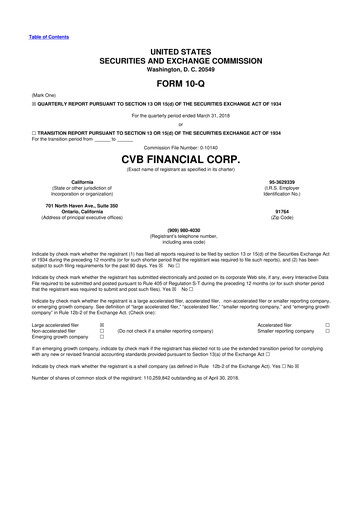 Thumbnail CVB Financial 10-Q Quarterly Report FY2018 
