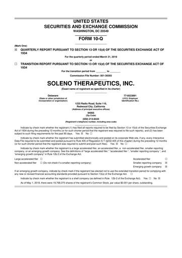Miniature Soleno Therapeutics 10-Q Rapport trimestriel 2018 
