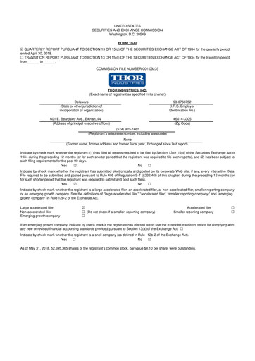 Thumbnail Thor Industries
 10-Q Quarterly Report FY2018 