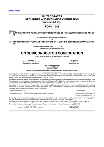 Thumbnail ON Semiconductor 10-Q Quarterly Report FY2018 