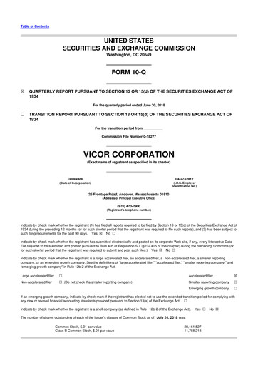 Miniature Vicor
 10-Q Rapport trimestriel 2018 