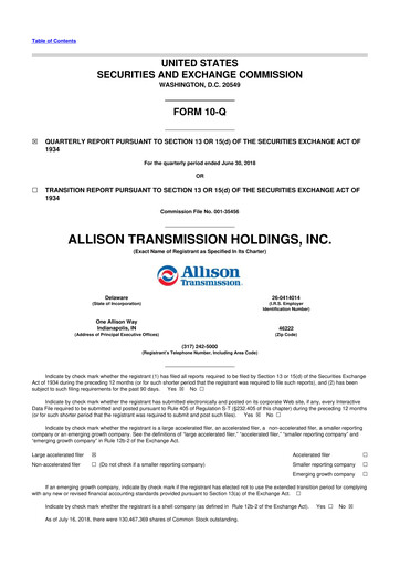 Vorschaubild Allison Transmission
 10-Q Quartalsbericht 2018 