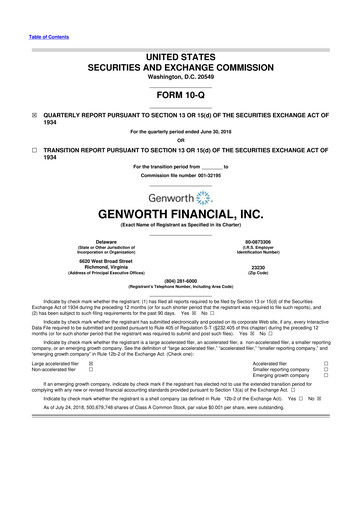 Miniature Genworth Financial
 10-Q Rapport trimestriel 2018 