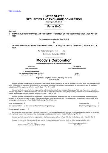 Thumbnail Moody's 10-Q Quarterly Report FY2018 