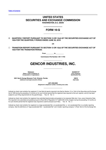 Miniature Gencor Industries
 10-Q Rapport trimestriel 2018 