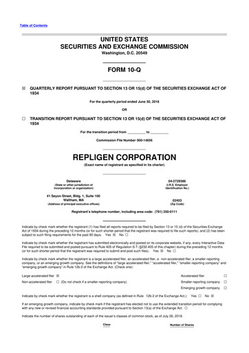 Miniature Repligen
 10-Q Rapport trimestriel 2018 